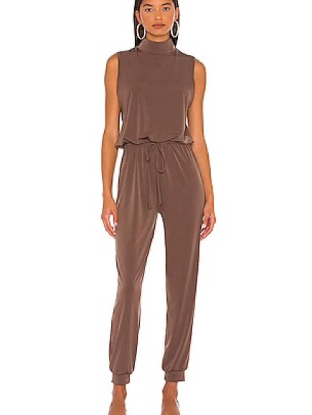 Sleeveless Brown Turtleneck Jumpsuit with Drawstring Waist